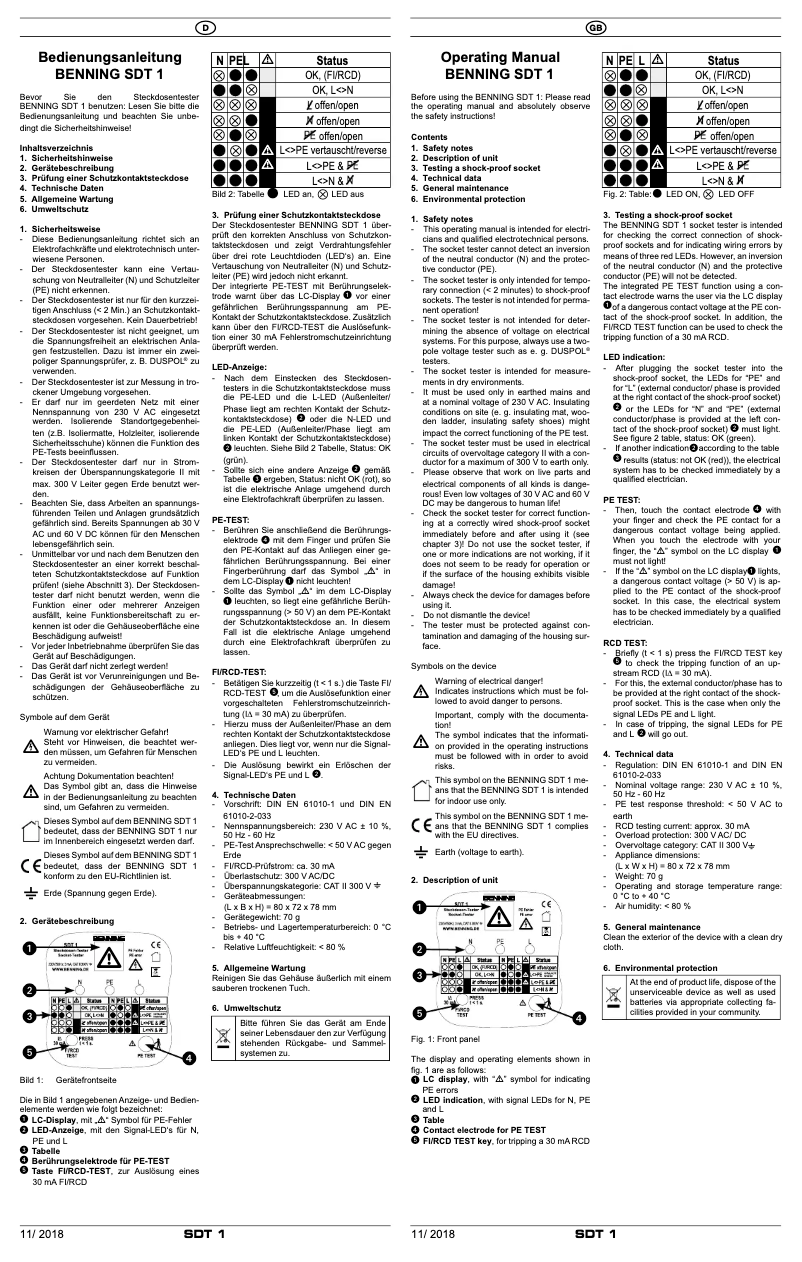 Page 1 de la notice Manuel utilisateur BENNING SDT 1