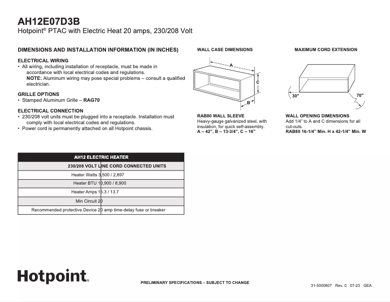 Página 1 del manual Ficha técnica Hotpoint AH12E07D3B