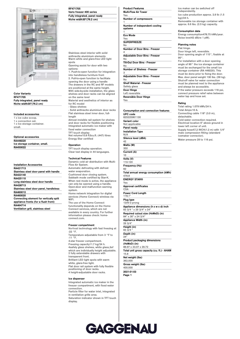 Página 1 del manual Ficha técnica Gaggenau RF471705