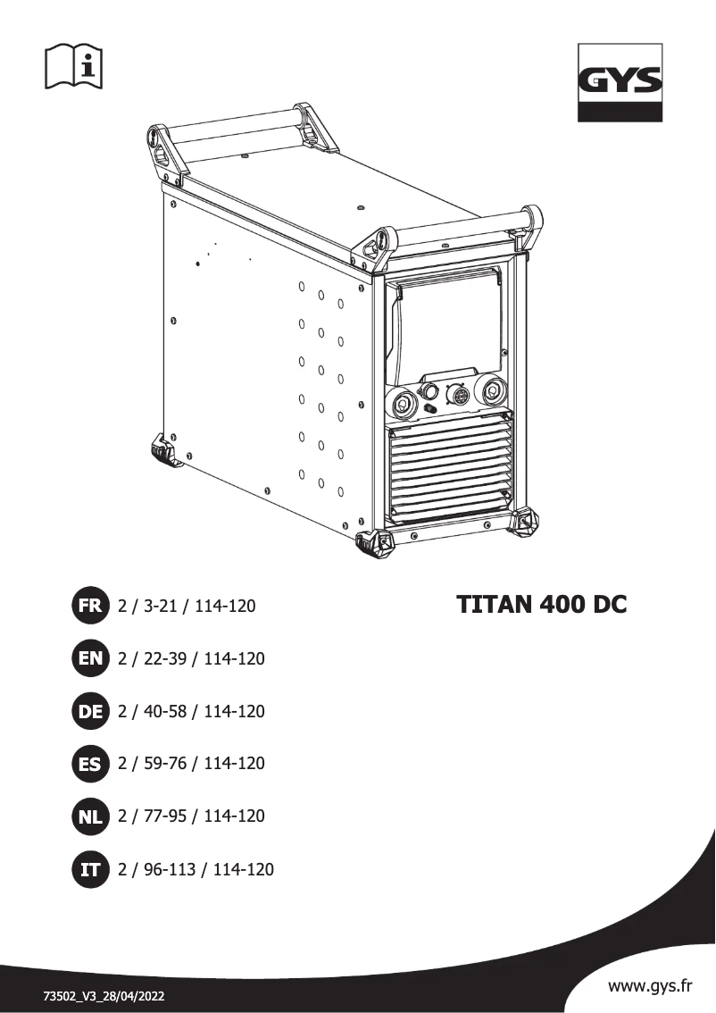 Page 1 de la notice Manuel utilisateur GYS TIG Titan 400 DC