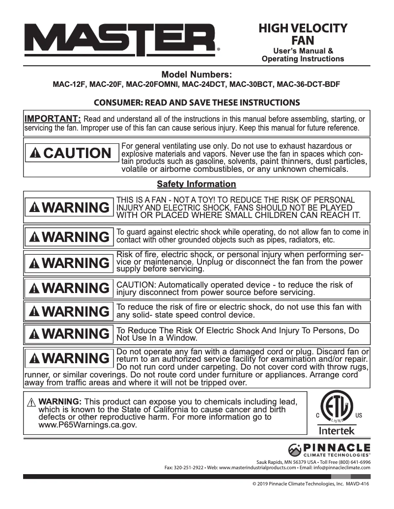 Page 1 de la notice Manuel utilisateur Master MAC-20F
