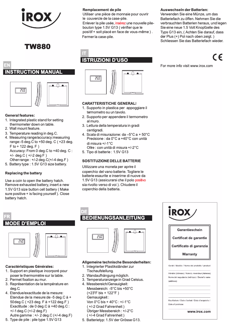 Page 1 de la notice Manuel utilisateur Irox TW880