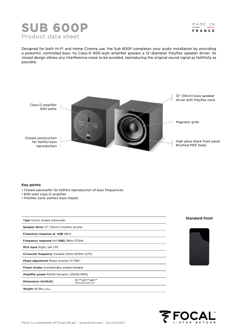 Page 1 of the manual Technical Sheet Focal SUB 1000 F