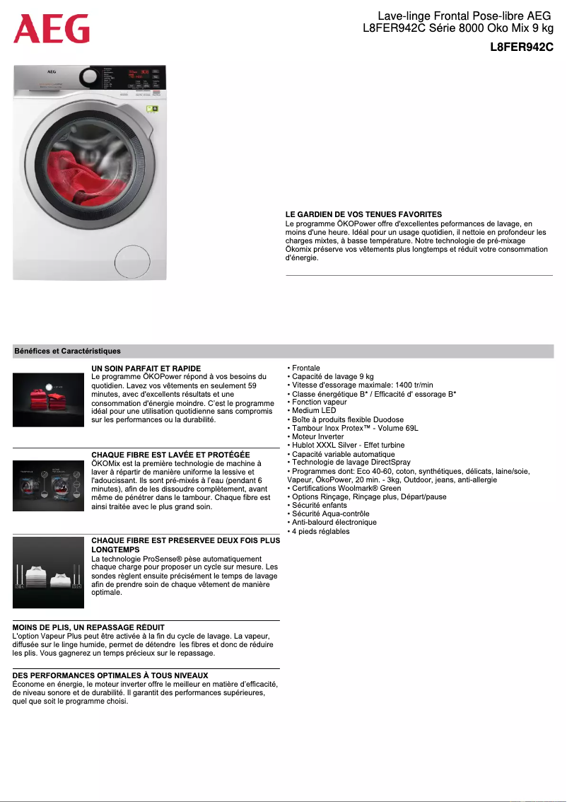 Page 1 de la notice Fiche technique AEG L8FER942C