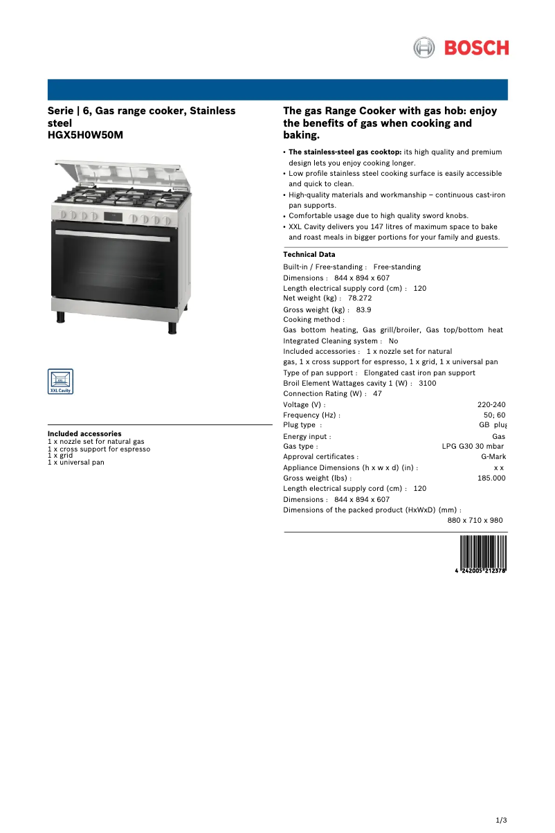 Page 1 of the manual Technical Sheet Bosch HGX5H0W50M