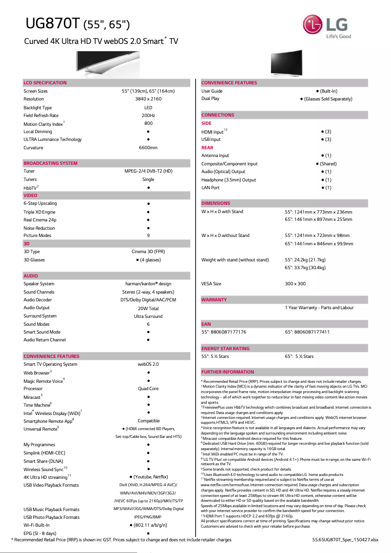 Page 1 of the manual Technical Sheet LG 55UG870T