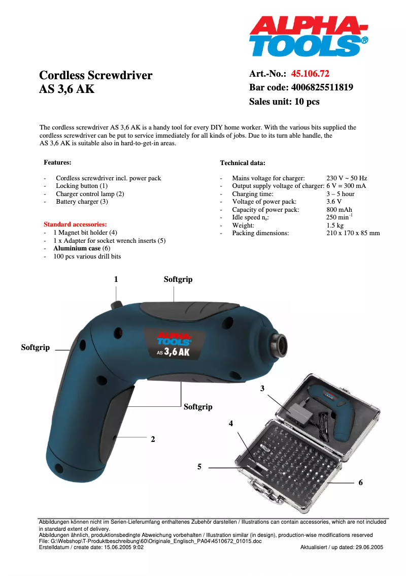 Page 1 de la notice Fiche technique Alpha Tools AS 3,6 AK