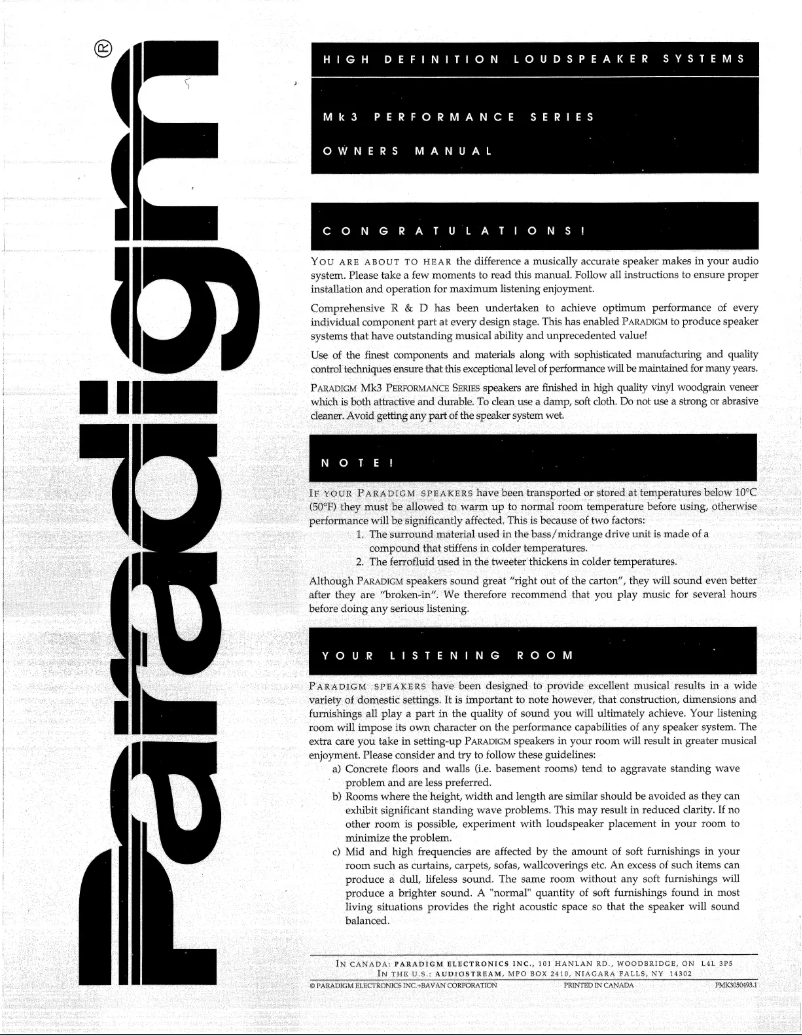 Page 1 de la notice Manuel utilisateur Paradigm 7se-Mk3