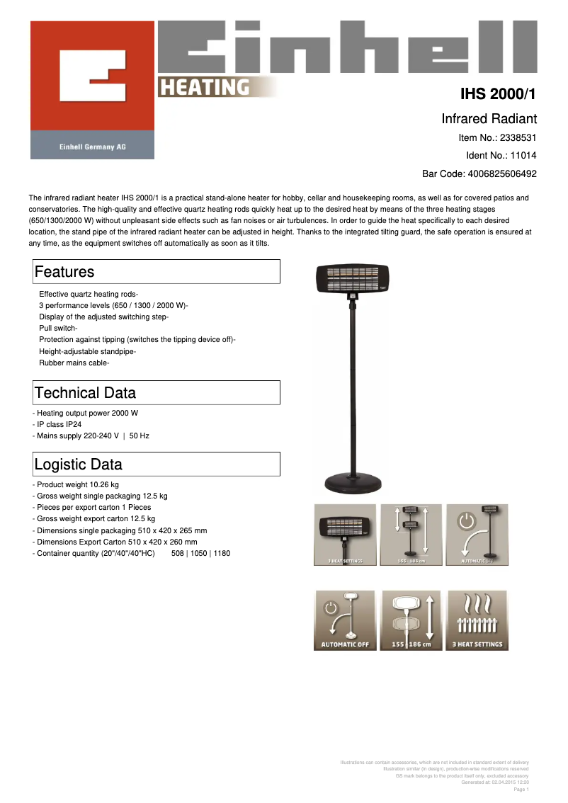 Página 1 del manual Ficha técnica Einhell IHS 2000/1