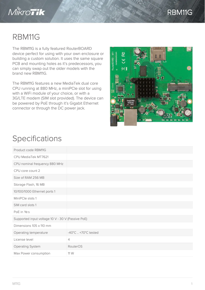 Page 1 de la notice Brochure Mikrotik RBM11G