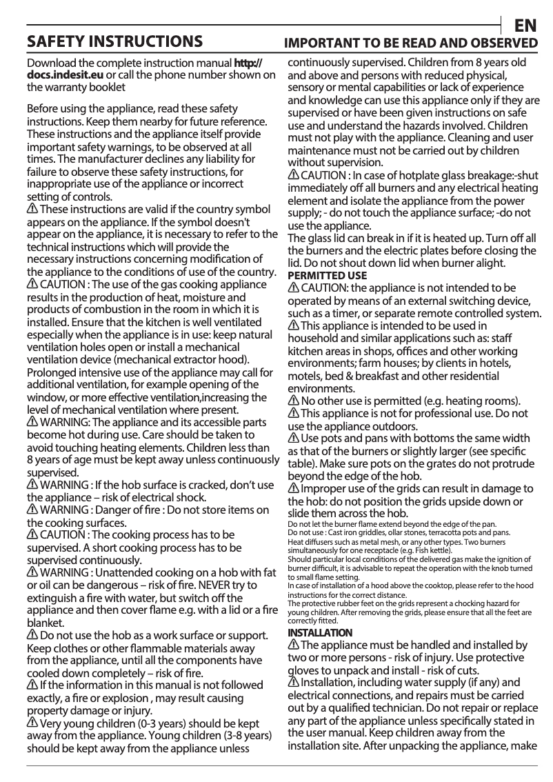 Page 1 de la notice Instructions / montage Indesit ING 72T/BK