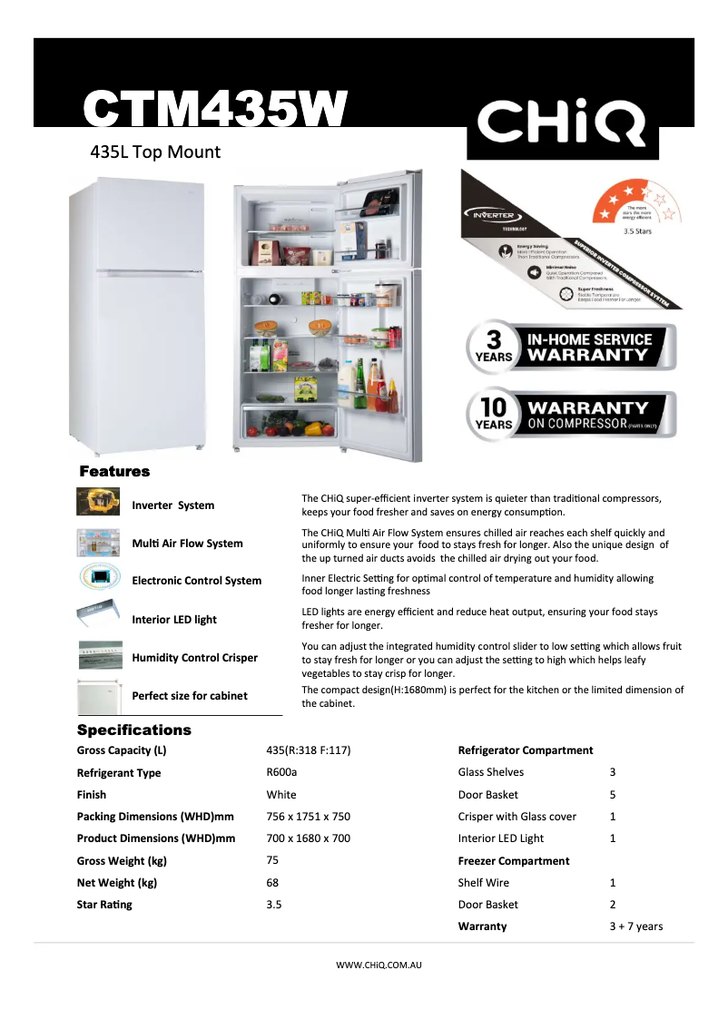 Página 1 del manual Ficha técnica CHiQ CTM435W