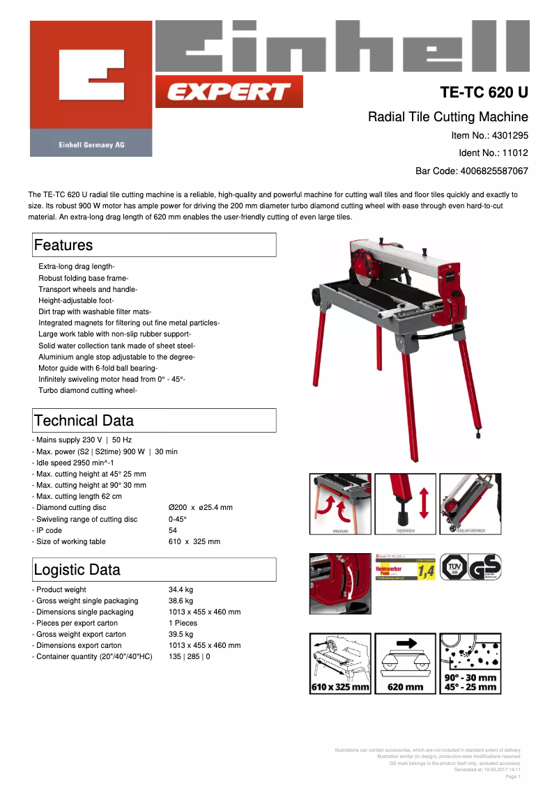 Page 1 de la notice Fiche technique Einhell TE-TC 620/1 U