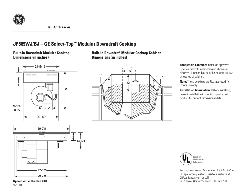Page n°1 - Fiche technique GE Select-Top JP389WJWW