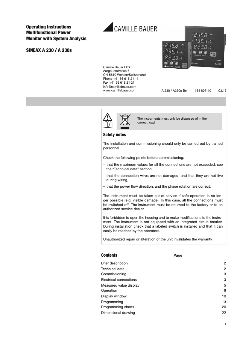 Page 1 de la notice Manuel utilisateur Camille Bauer Sineax A230