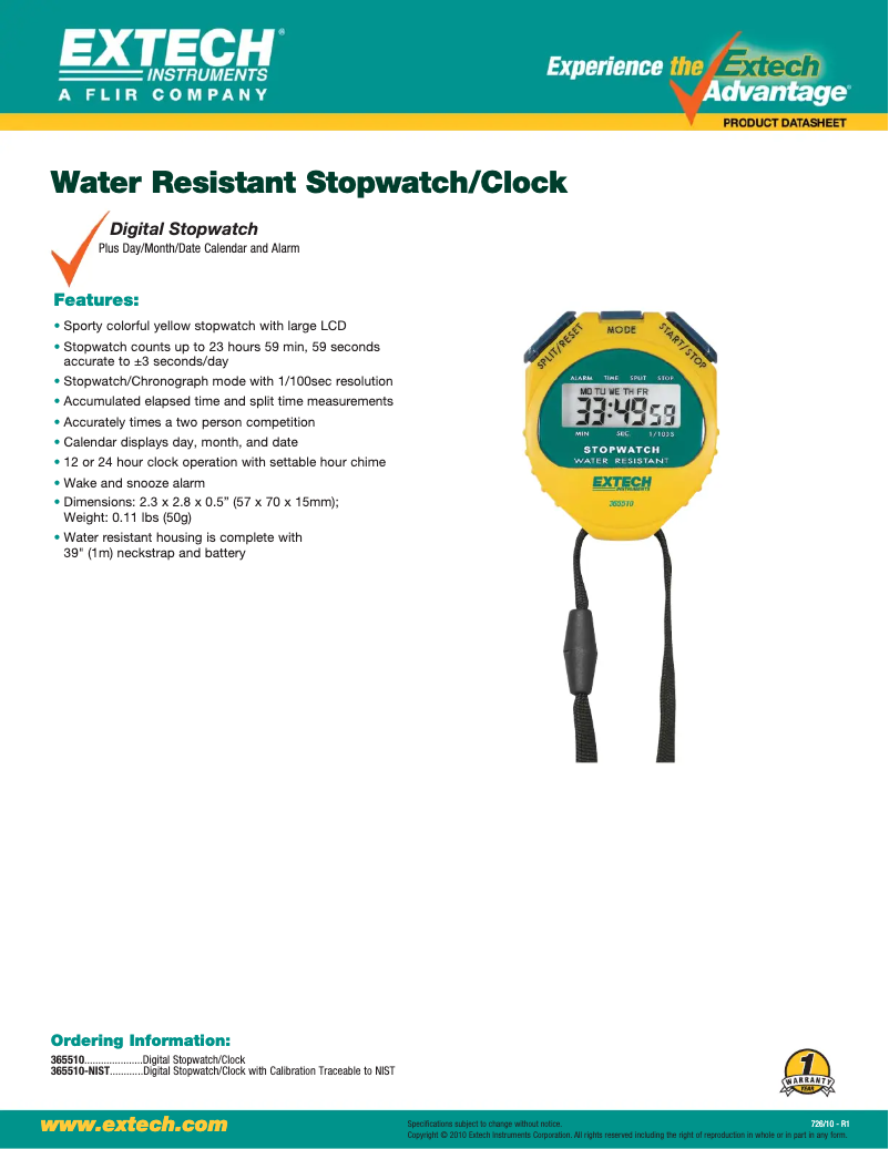 Page 1 de la notice Fiche technique Extech 365510