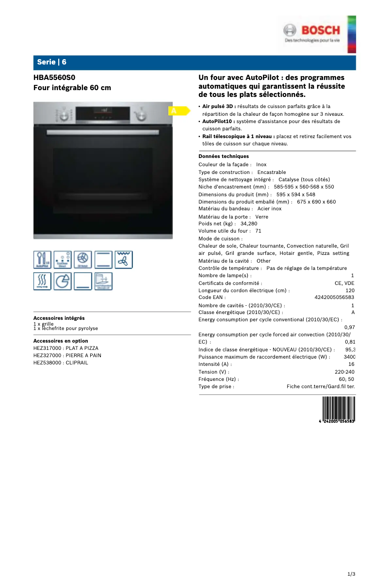 Page 1 de la notice Manuel utilisateur Bosch Serie 6 HBA5560S0