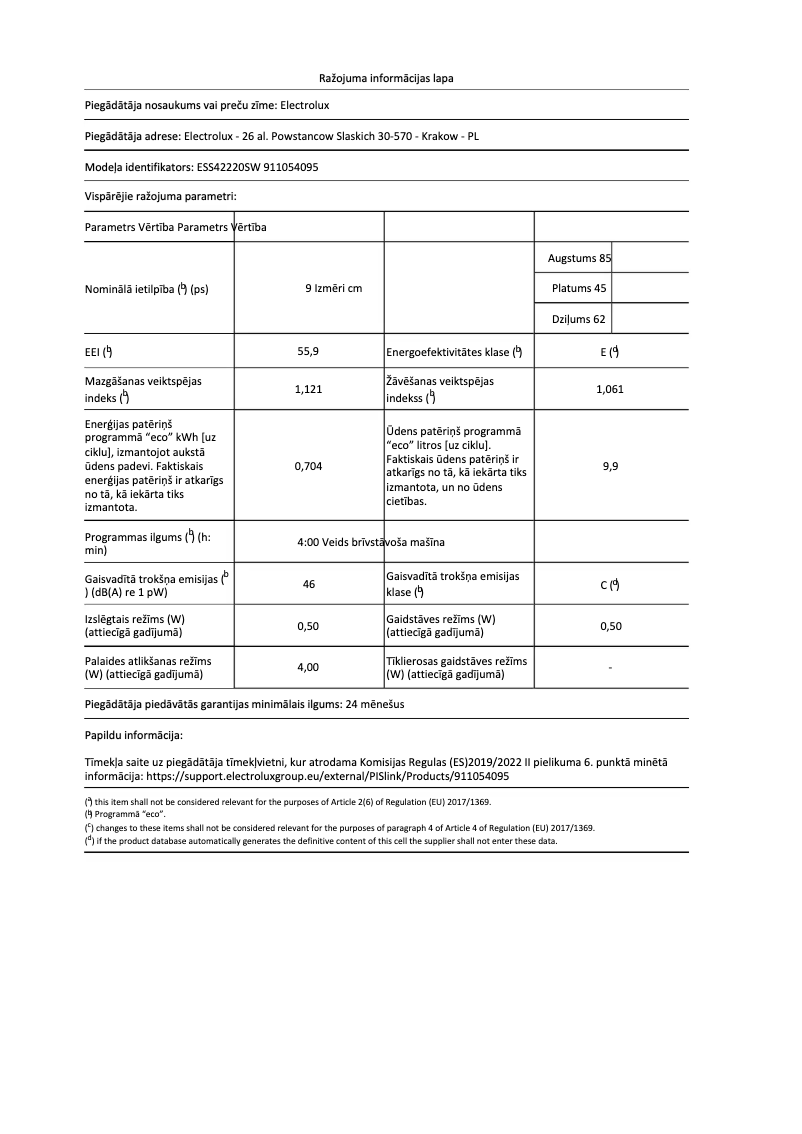 Página 1 del manual Ficha técnica Electrolux ESS42220SW