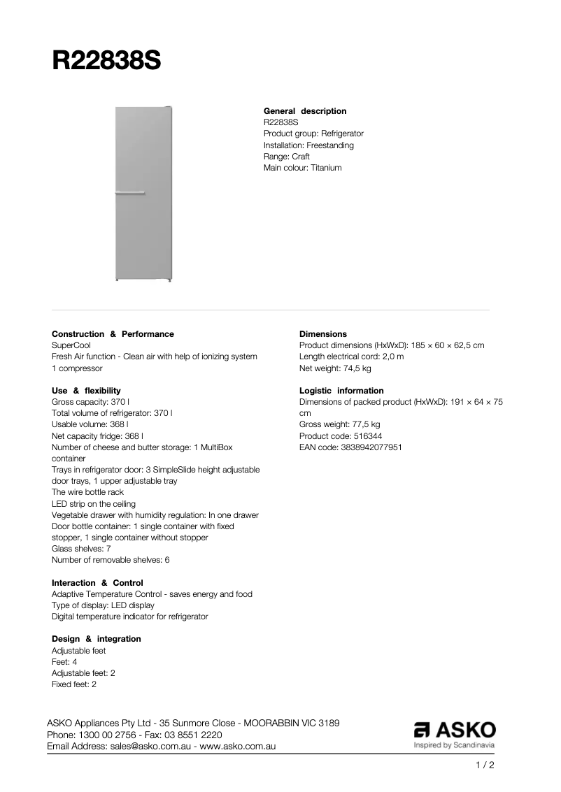 Page 1 of the manual Technical Sheet Asko R22838S
