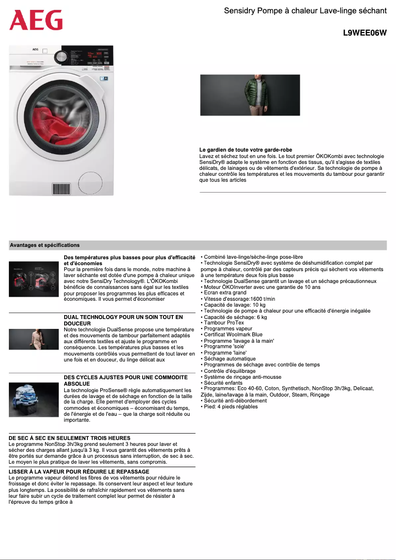 Page 1 de la notice Fiche technique AEG L9WEE06W