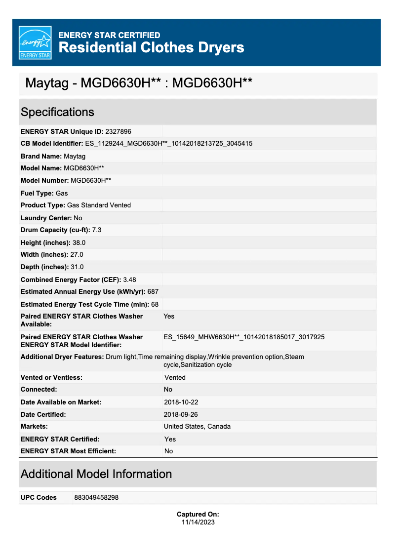 Page 1 de la notice Label énergétique Maytag MGD6630HC