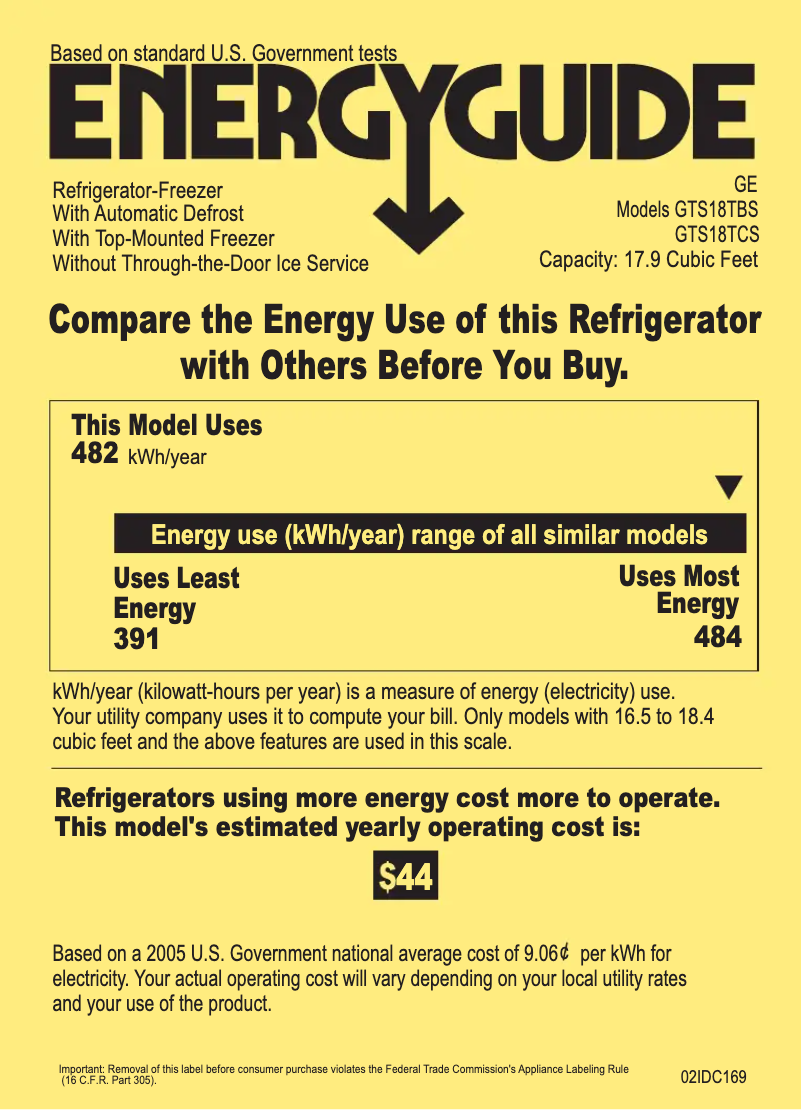 Page 1 de la notice Label énergétique GE GTS18TBSWW