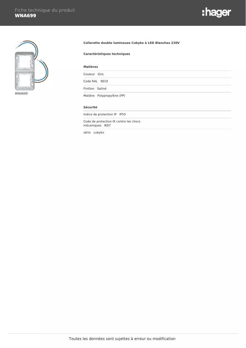 Page 1 de la notice Fiche technique Hager WNA699