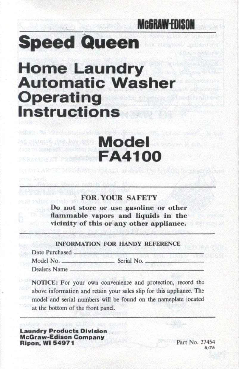 Página 1 del manual Manual de usuario Speed Queen FA4100