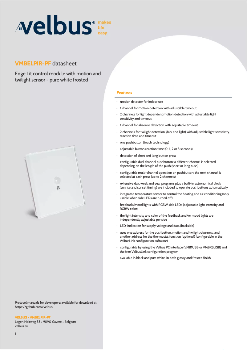 Page 1 de la notice Fiche technique Velbus VMBELPIR