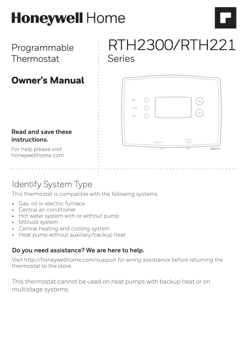 Page 1 de la notice Manuel utilisateur Honeywell RTH2300B1038/E1