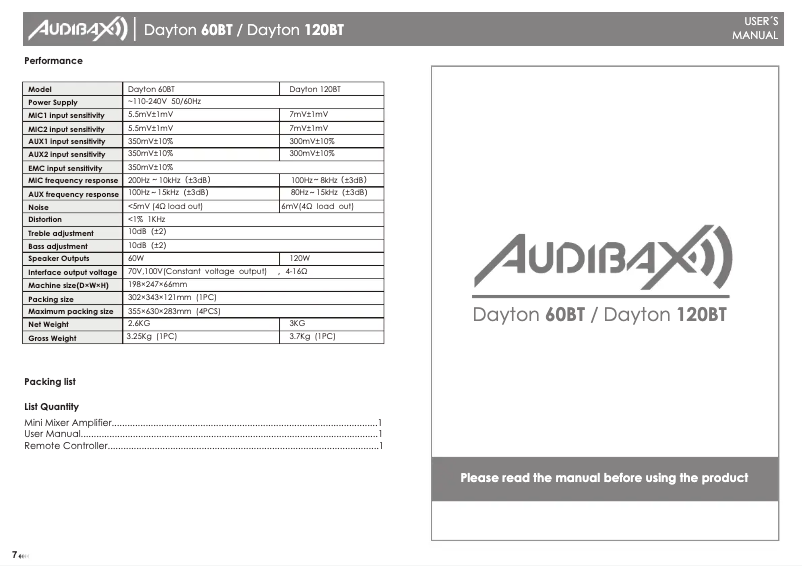 Page 1 de la notice Manuel utilisateur Audibax Dayton 60 BT