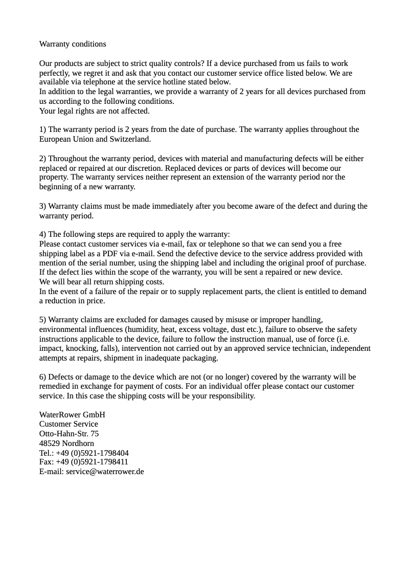 Page 1 de la notice Informations de garantie Waterrower M1 Lorise