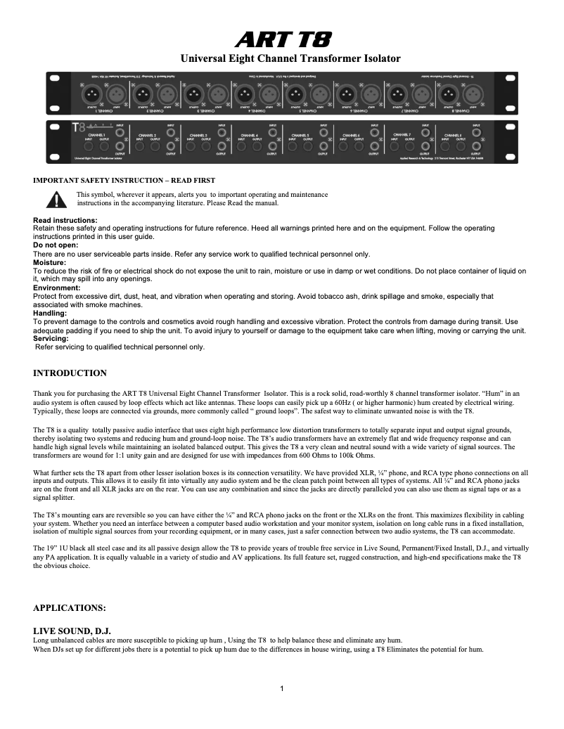 Page 1 de la notice Manuel utilisateur ART ART T8