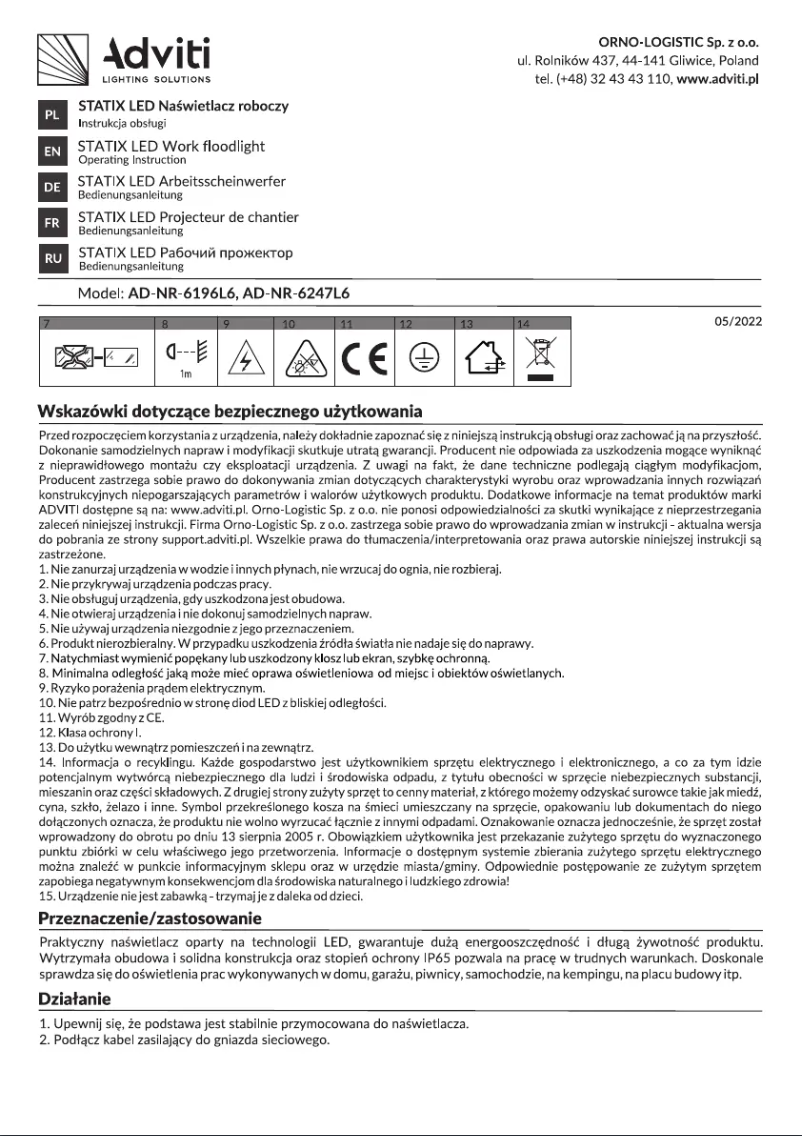 Page 1 de la notice Manuel utilisateur Adviti AD-NR-6196L6