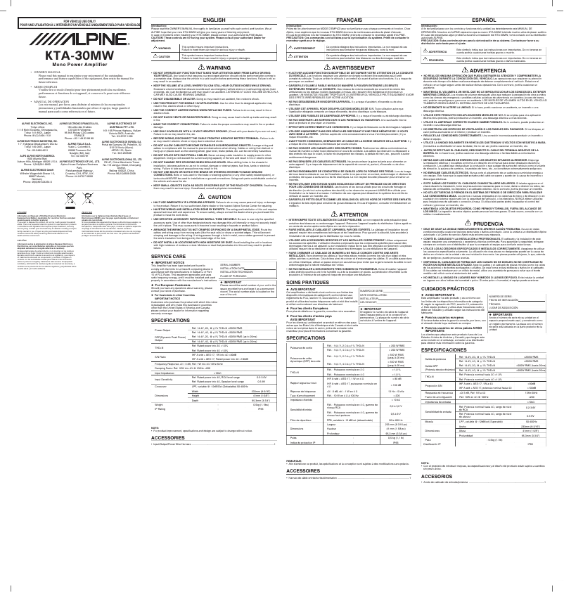 Page 1 de la notice Manuel utilisateur Alpine KTA-30MW
