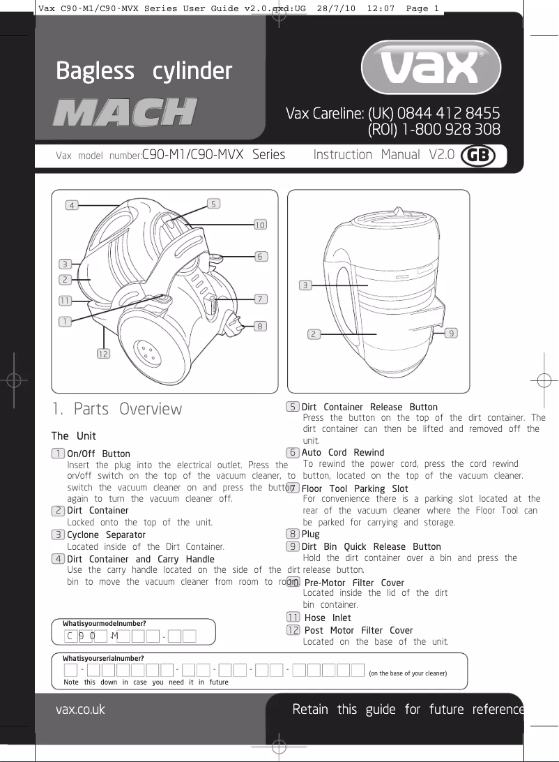 Página 1 del manual Manual de usuario Vax Mach 1 C90-M1