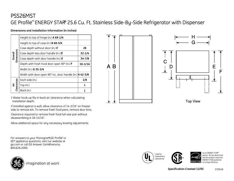 Page n°1 - Fiche technique GE Profile PSS26MSTSS