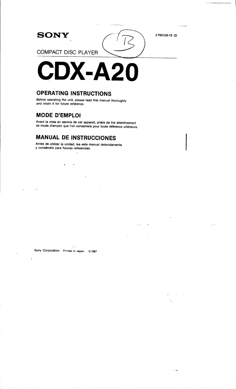 Page 1 de la notice Manuel utilisateur Sony CDX-A20