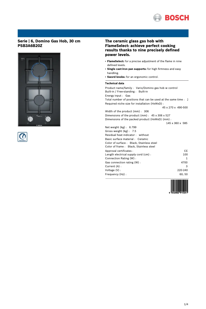 Page 1 de la notice Fiche technique Bosch PSB3A6B20Z