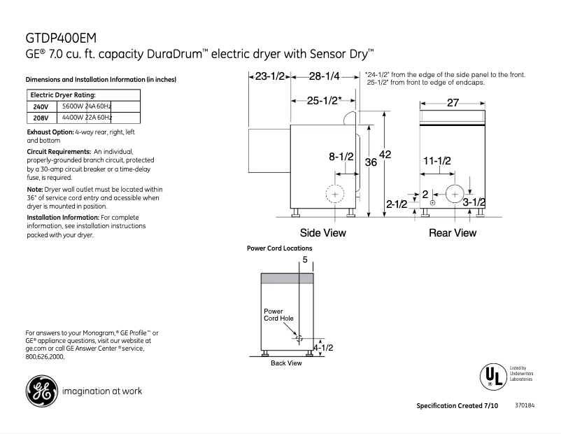 Página 1 del manual Ficha técnica GE GTDP400EMWS