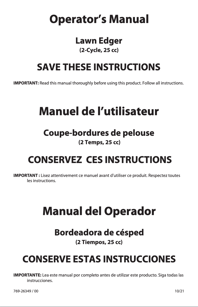 Page 1 de la notice Manuel utilisateur Troy-Bilt TBE252