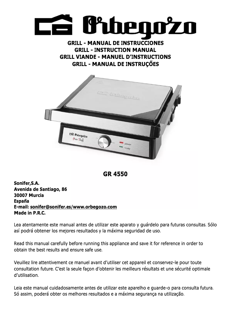 Page 1 de la notice Manuel utilisateur Orbegozo GR 4550