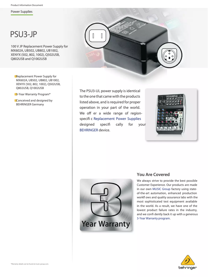 Page 1 de la notice Manuel utilisateur Behringer PSU3-JP