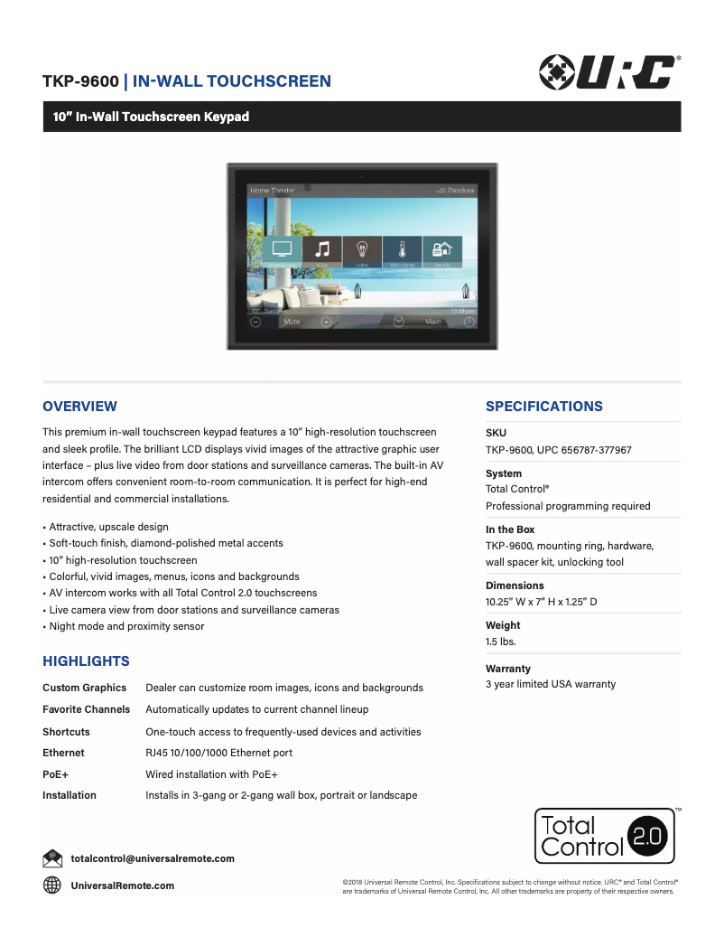 Page 1 de la notice Fiche technique Universal Remote Control TKP-9600