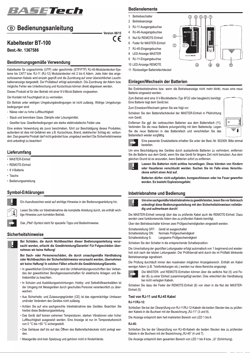 Page 1 de la notice Manuel utilisateur BaseTech BT-100