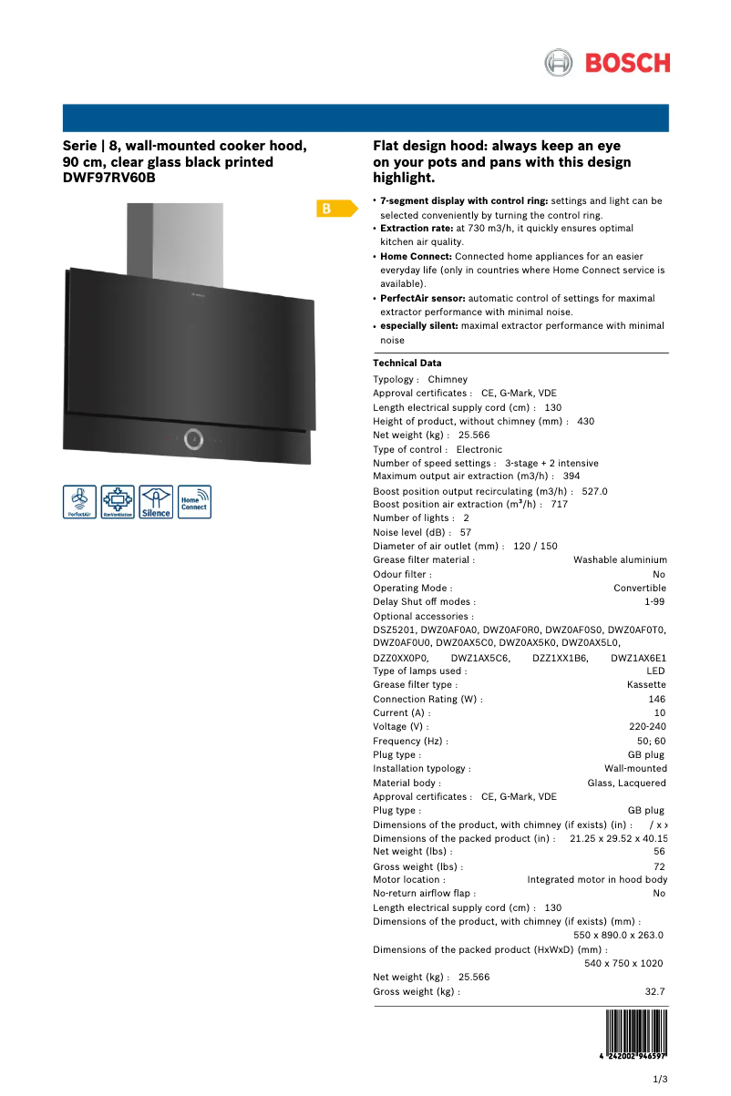 Page 1 de la notice Fiche technique Bosch DWF97RV60B