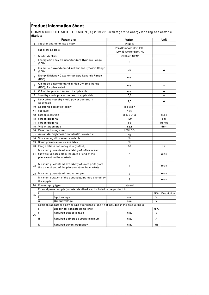 Page 1 de la notice Fiche technique Philips 55HFL5214U