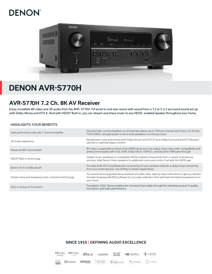 Page 1 de la notice Fiche technique Denon AVR-S770H