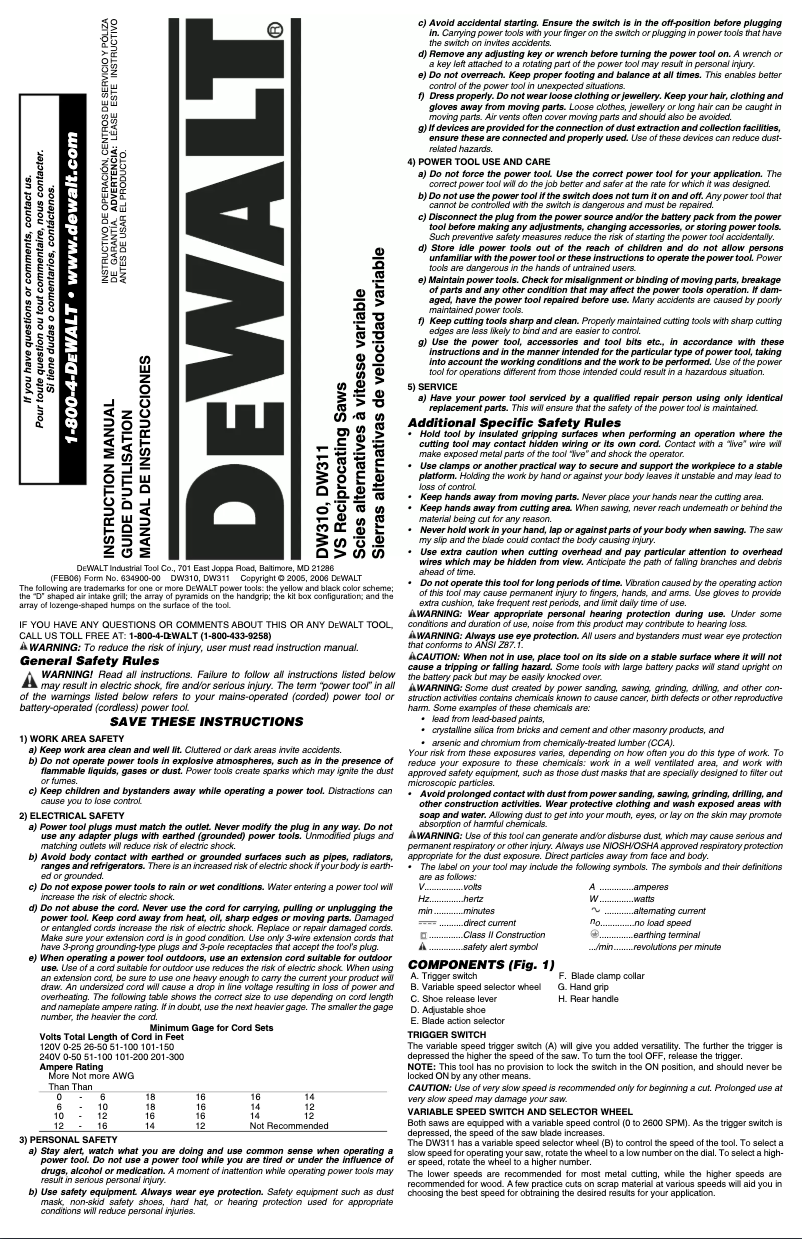 Page 1 de la notice Manuel utilisateur DeWalt DW311K V
