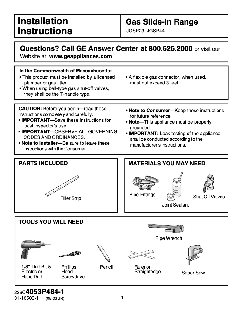 Page 1 of the manual Installation Guide GE JGSP23WEYWW